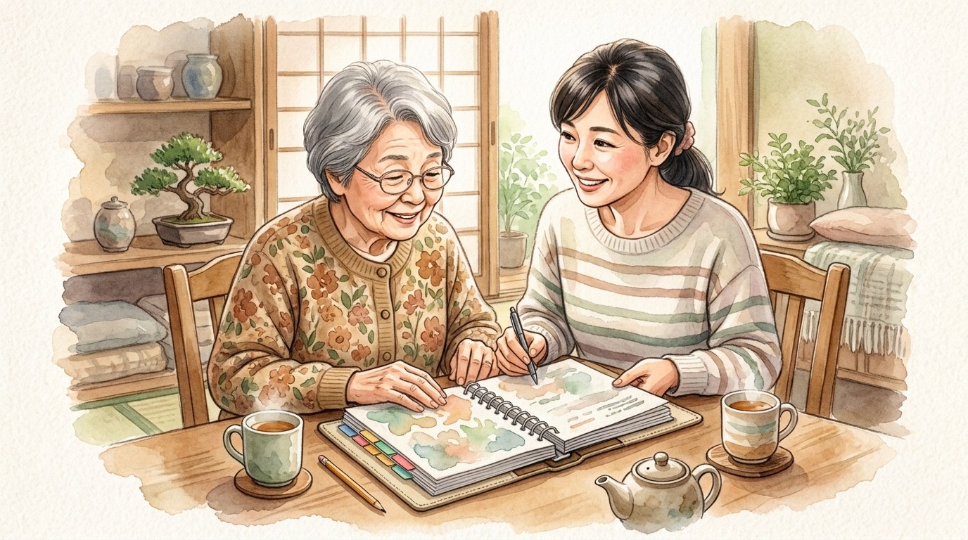 認知症になる前の資産管理について、親子で話し合う様子