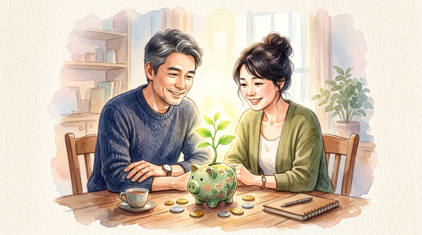 貯金箱の芽を見ながら老後の資金を話し合う40代の夫婦